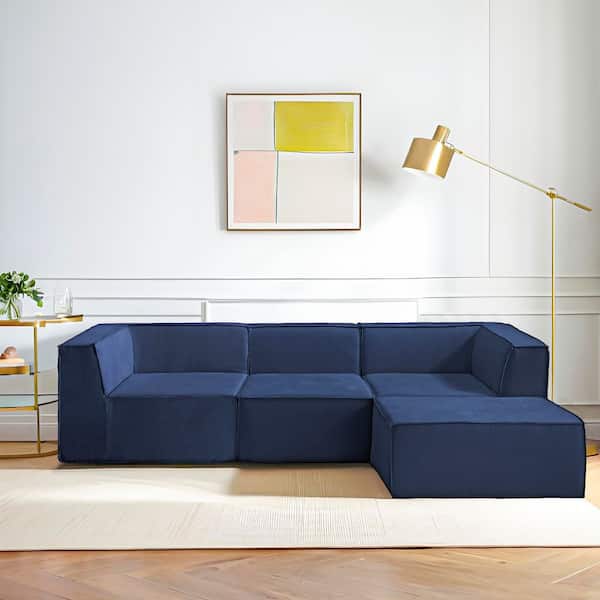Ezra Collection 106 in. Square Arm Chenille Fabric 4-Piece Sectional Sofa with Reversible Ottoman in Blue