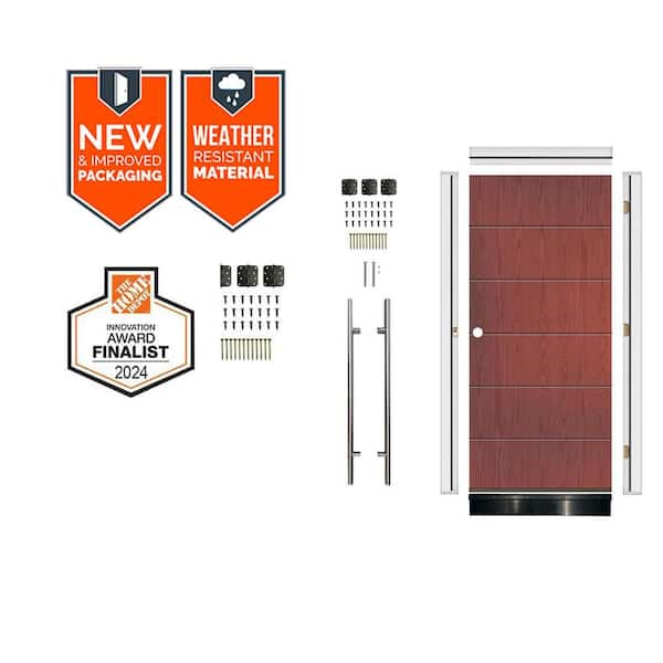 Faux Pivot 36in.x79in. Right-Hand 6-Grid Redwood Stain Assembly Required Fiberglass Front Door Kit w/Quick Assemble Jamb