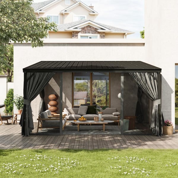 10 ft. x 12 ft. Aluminum Hardtop Wall Mounted Gazebo with Sloping Galvanized Steel Roof, Curtains and Netting