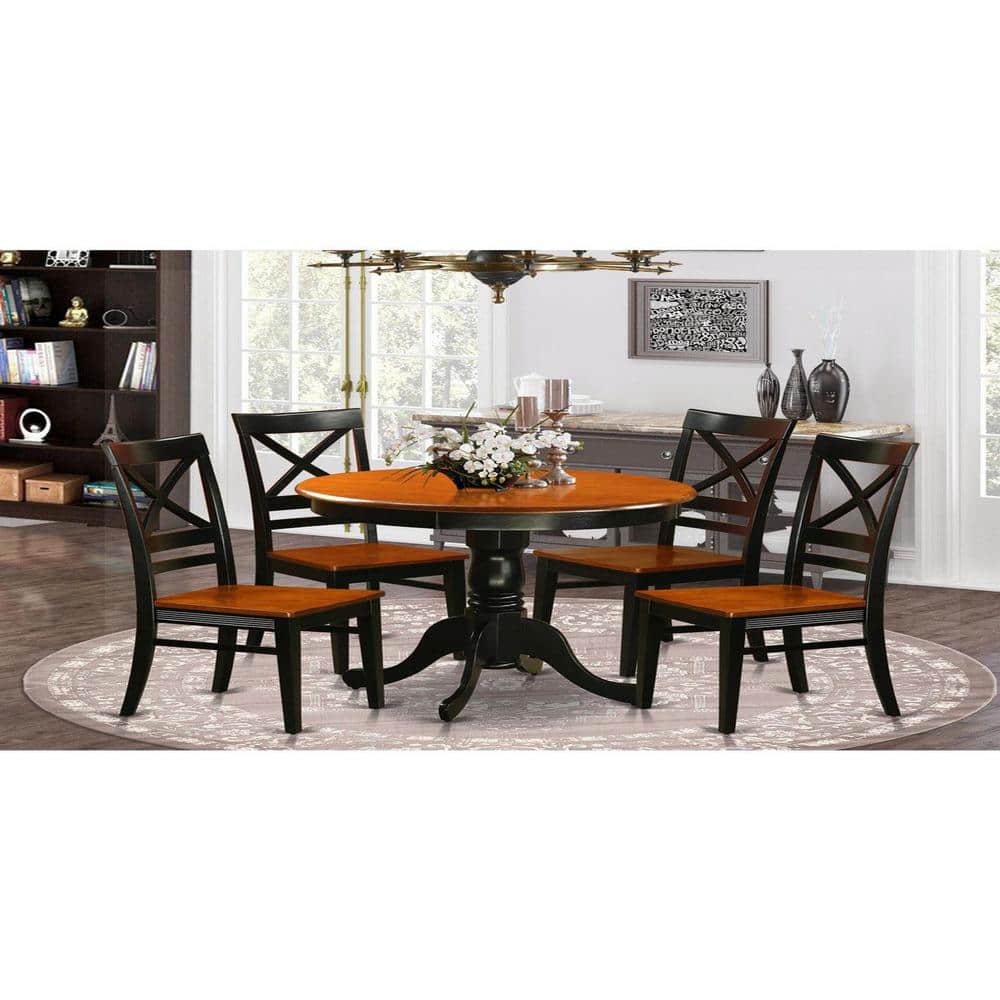 5-Piece Round Black Finish Solid Wood Top Dining table with 4 Chairs with Lattice Back