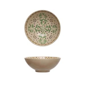 29.4 fl. oz. Green Stoneware Dinner Bowl Set with Leaves and Dots Design (Set of 6)
