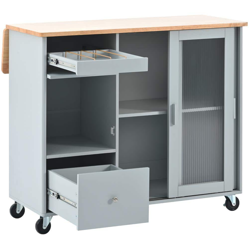 Harper & Bright Designs LED Light Gray Blue Kitchen Cart with Drop-Leaf Tabletop, 2-Fluted Glass Doors, Flip Cabinet Door. Iron Drawer Divider