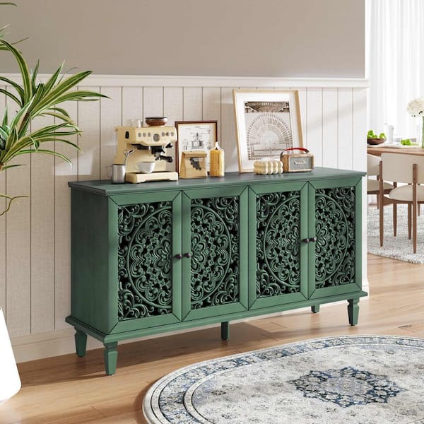 Antique Green TV Stand Fits TV's Up to 65 in. with Solid Wood Legs,Antique Brass Handles and Adjustable Shelves