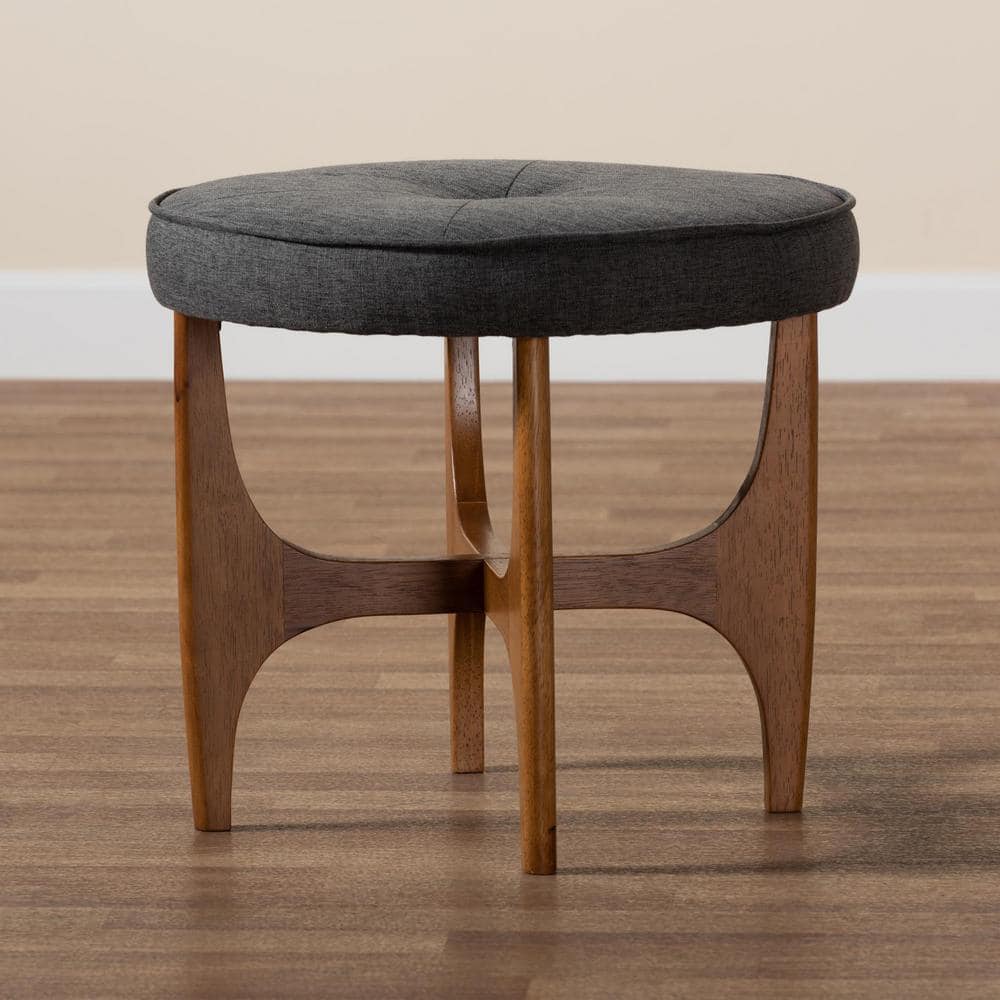 Theo Dark Gray Fabric and Walnut Wood Round Tufted Ottoman