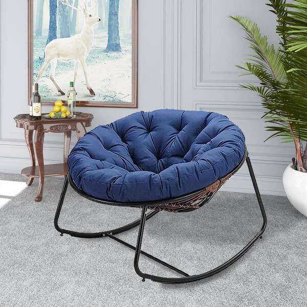 Cesicia Metal Round Outdoor Rocking Chair Dark Gray Frame with Navy ...