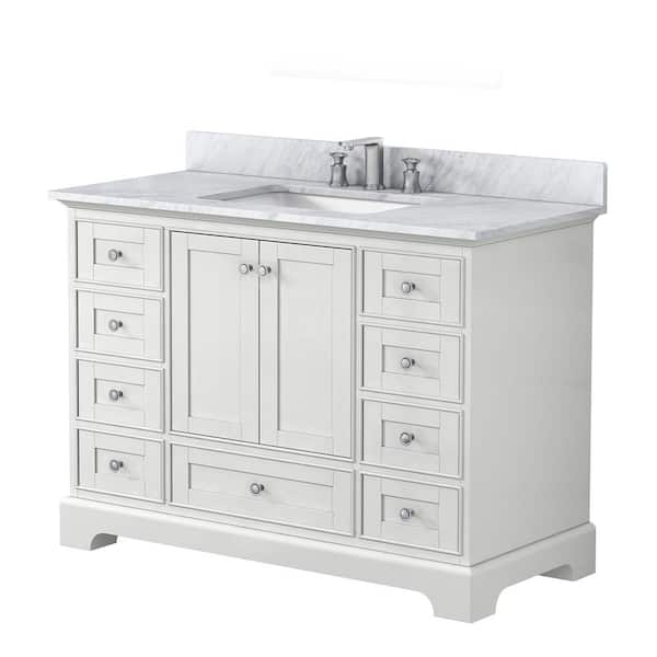 FAMYYT 48 in. W x 22 in. D x 34.65 in. H Single Sink Freestanding Bath Vanity in White with White Marble Top with Backsplash