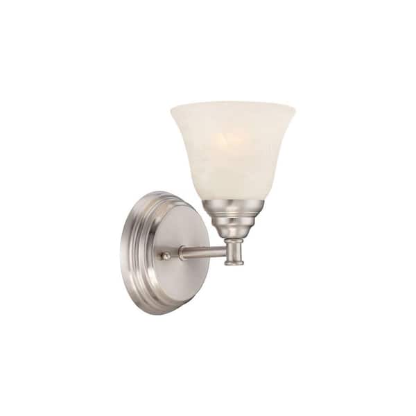Designers Fountain Kendall 5.75 in. 1-Light Satin Platinum Transitional Wall Mount Sconce Light with Alabaster Glass Shade