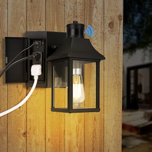 1-Light 10 in. Black Motion Sensor Dusk to Dawn Outdoor Wall Sconce with Clear Glass and USB