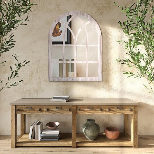 Blisstyle Natural Wood 31.5 in W x 41 in. H Farmhose Arch MDF Framed Mirror Wall Mirror Wall Decor Mirror