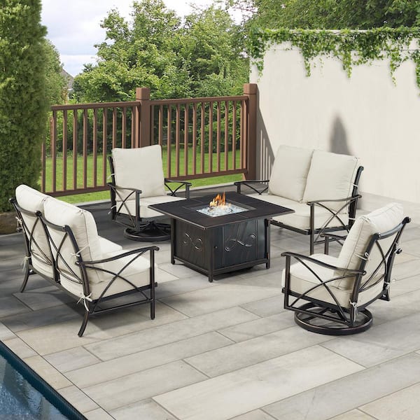 Oakland Living Black Aluminum Fire Table Set with 2-Loveseats and 2-Club Chairs