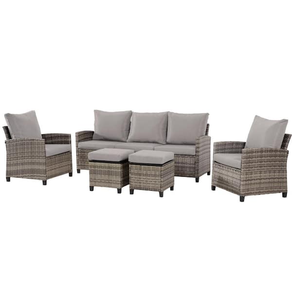 5-Piece All-Weather Gray Wicker Patio Furniture Conversation Set with Gray Cushions for Garden, Poolside, Balcony
