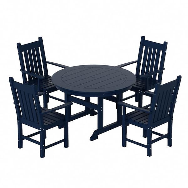 WESTIN OUTDOOR Hayes 5-Piece HDPE Plastic All Weather Outdoor Patio Round Trestle Table Dining Set with Arm Chairs in Navy Blue