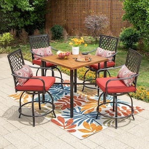 5-Piece Metal Patio Bar Height Outdoor Dining Set with Square Table and Swivel Bistro Chairs with Red Cushions
