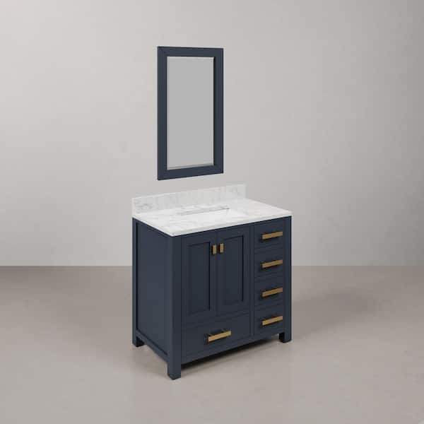 Madison 36 in.W x 21.5 in.D x 34 in.H Single Sink Bath Vanity in Monarch Blue with Carrara White Marble Top and Mirror