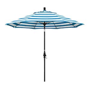 9 ft. Matted Black Aluminum Collar Tilt Crank Lift Market Patio Umbrella in Cabana Regatta Sunbrella