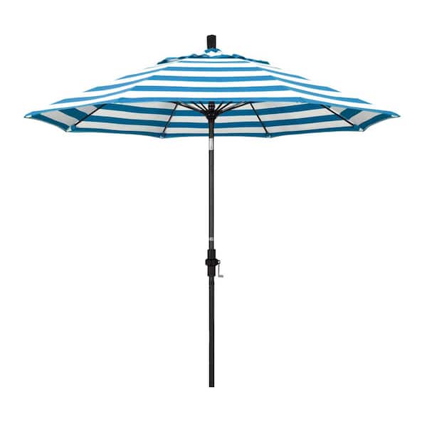 California Umbrella 9 ft. Matted Black Aluminum Collar Tilt Crank Lift Market Patio Umbrella in Cabana Regatta Sunbrella