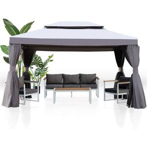 10 ft. x 13 ft. Gray and Black 2-Tone Steel Gazebo with Mosquito Netting and Shade Curtains