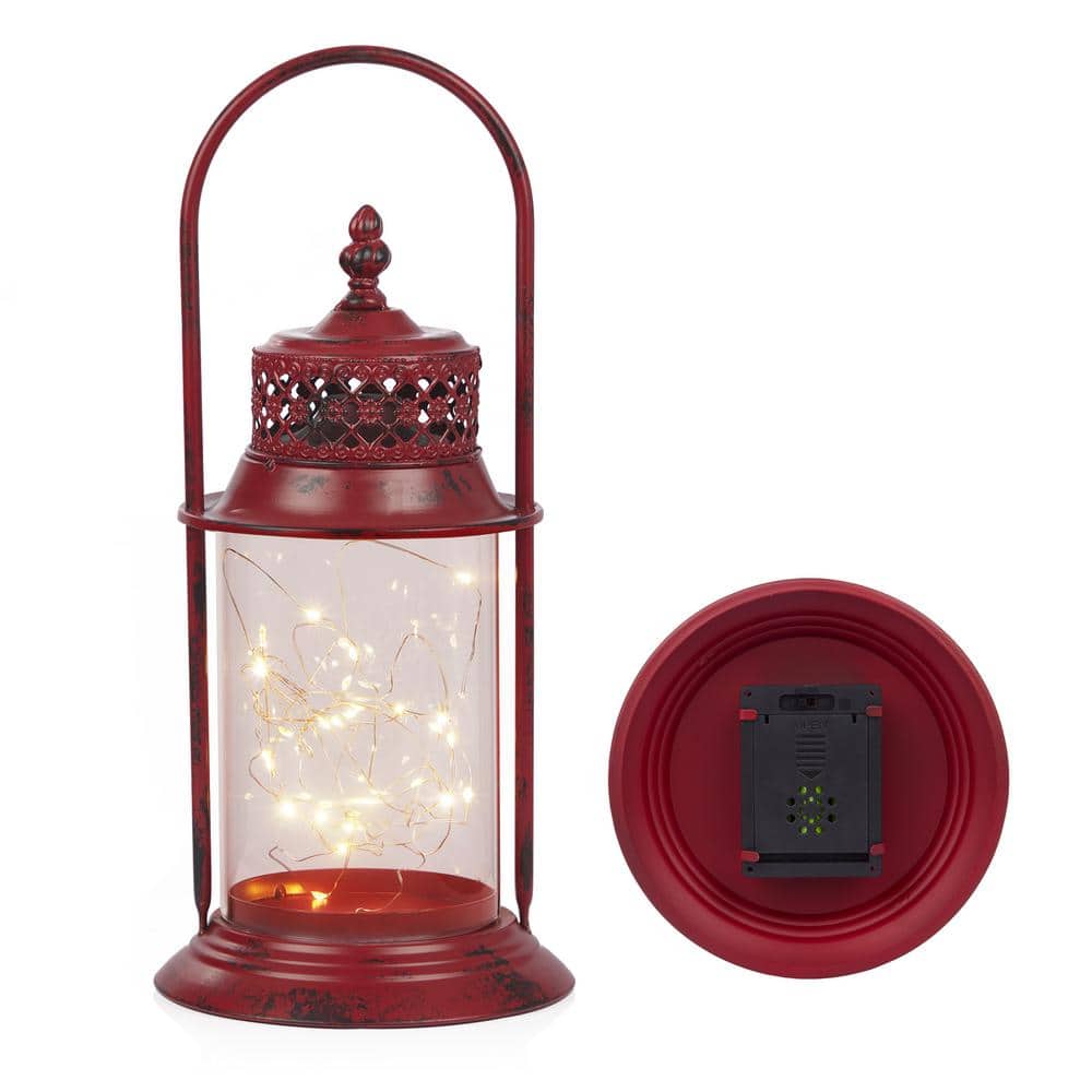 Red Antique Metal and Glass Lantern with Warm LED Lights