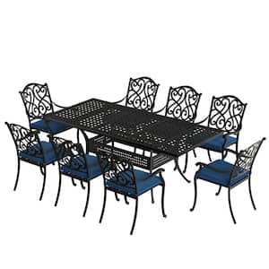 9-Piece Black Cast Aluminum Outdoor Dining Set with Rectangle Expandable Table 8 Dining Chair with Beige Cushion(Seat 8)