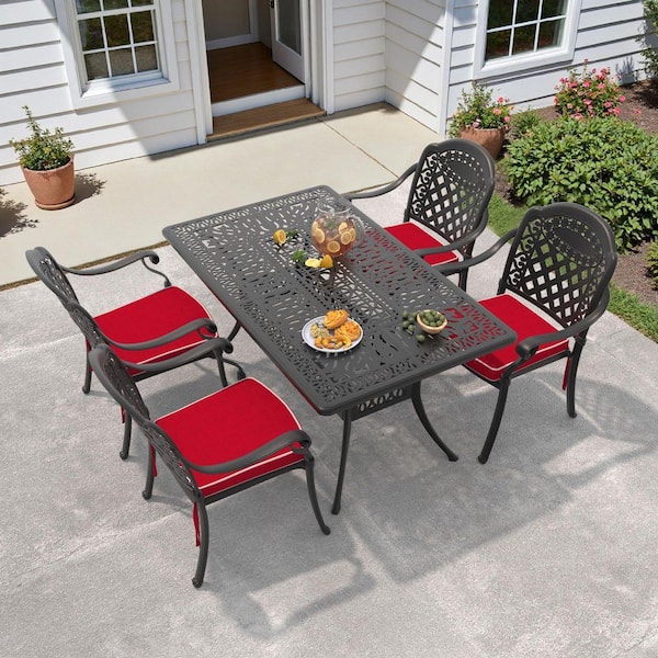 Isabella 5-Piece Cast Aluminum Outdoor Dining Set with 58.27 in. x 34.65 in. Rectangular Table and Red Cushions