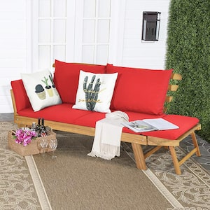 1-Piece Wood Outdoor Recliner Sofa with Red Cushions