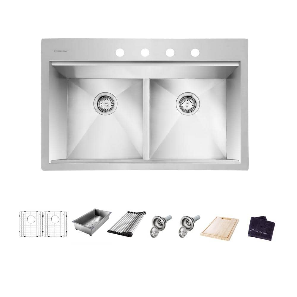 Glacier Bay Zero Radius Drop-in 18G Stainless Steel 33 in. 4-Hole 50/50 Double Bowl Workstation Kitchen Sink with Accessories, Silver