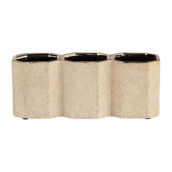 4 in. Gold Ceramic Decorative Storage Organizer with Wavy Triple-Compartment Design