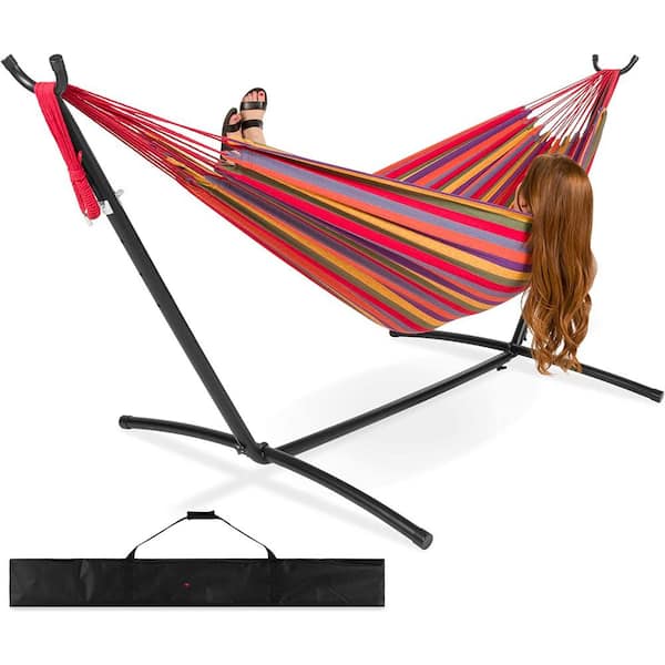 Unbranded 9 ft. 2-Person Double Hammock with Stand Set with Patio with Carrying Bag, Outdoor Brazilian-Style (Rainbow）
