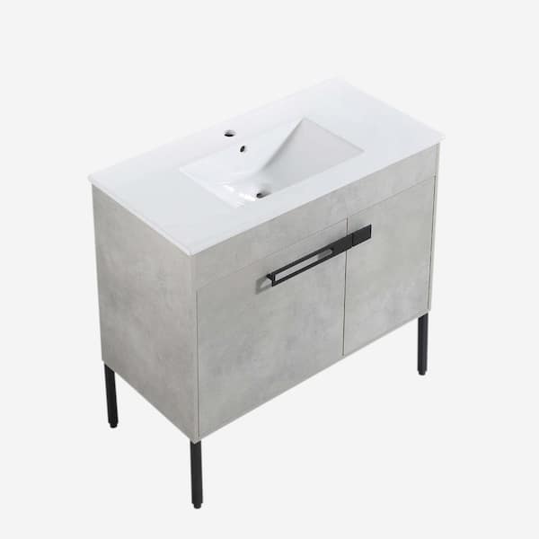 FUNKOL 36 in. W x 18 in. H Bath Vanity In Cement Grey With Ceramic Top In White