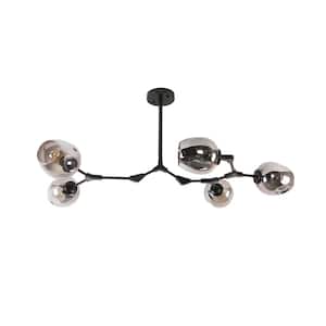 5-Light Smoky Grey Modern Linear Chandelier with Black Adjustable Arms and Glass Shades