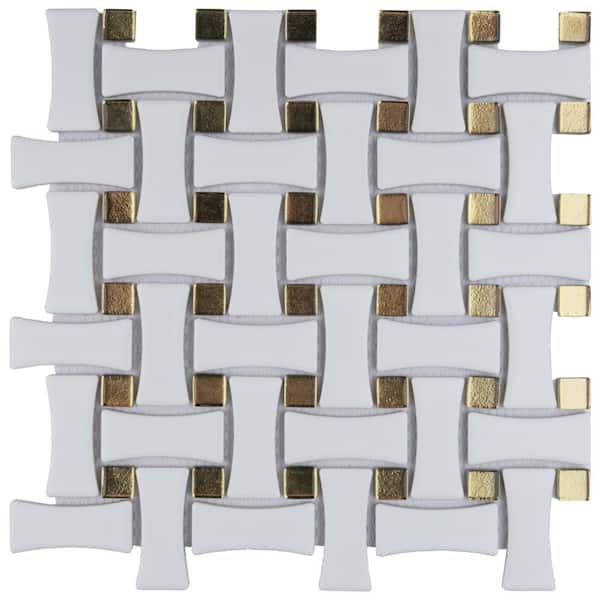 Merola Tile Metro Dog Bone Basketweave Matte White with Glass Gold Dot 10 in. x 10 in. Porcelain Mosaic Tile (7.1 sq. ft./Case)
