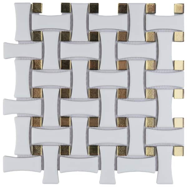 Merola Tile Metro Dog Bone Basketweave Matte White with Glass Gold Dot 6 in. x 6 in. Porcelain Mosaic Take Home Tile Sample