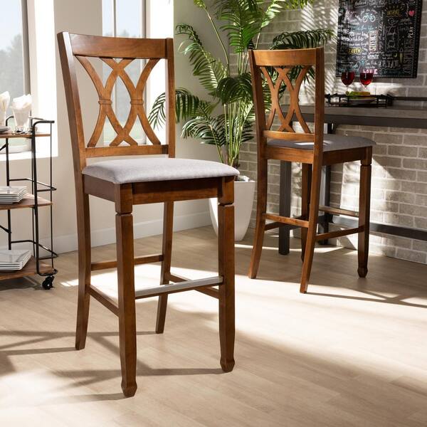 Baxton Studio 28.3 in. Calista Grey and Walnut Bar Stool Set of 2