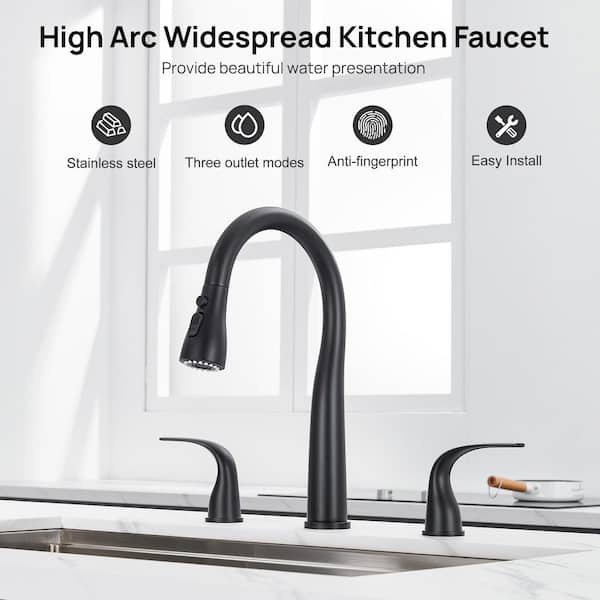 14.6 in Hight Widespread Dual Handle 360° Spout Swivel Pull Down 3 Modles Sprayer Kitchen Faucet in Matte Black