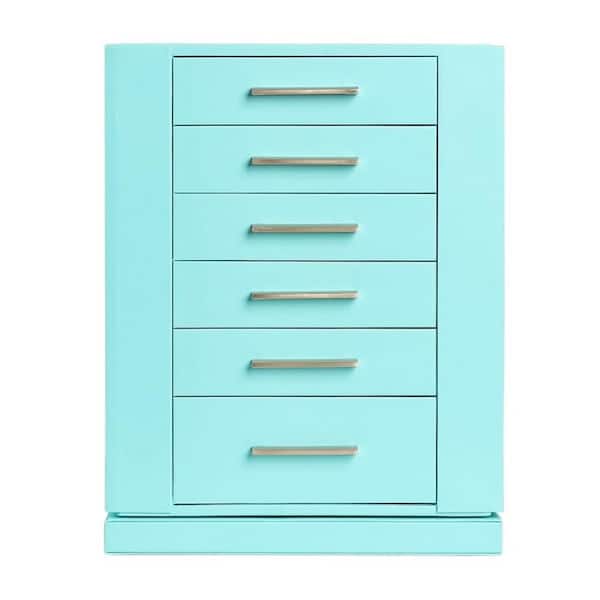 Afoxsos 11.3 in. Turquoise Rectangle Wood Jewelry Box, Vertical 360° Rotating Leather Jewelry Organizer with 6-Drawers
