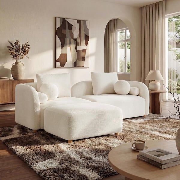 Morden Fort Luna Minimalist Couch 91.75" Round Arm Boucle Fabric L-Shaped Sofa with Ottoman Sectional for Living Room White LUNA02-Sofa+OT