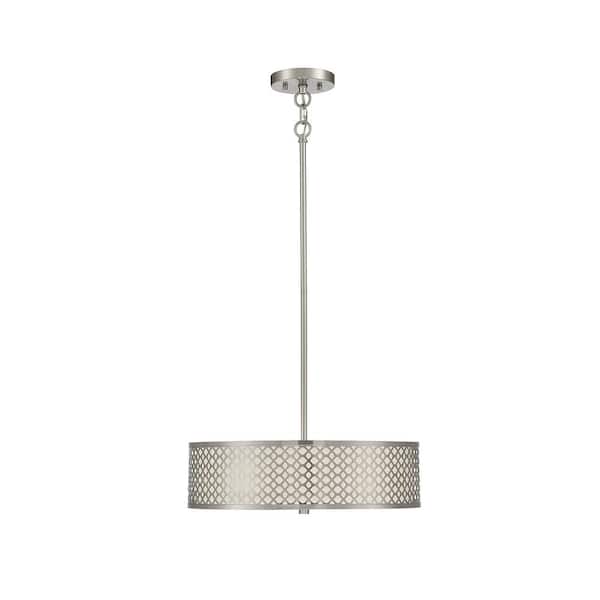 18 in. W x 5 in. H 3-Light Brushed Nickel Shaded Pendant Light with Fabric Shade