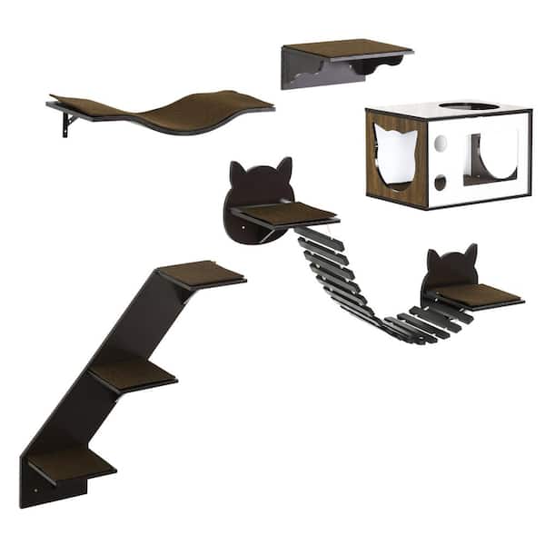PawHut Cat Shelves with Ergonomically Curved Platform, Cozy Cat House, Bridge, Easy Stairs, and Flat Perch, Coffee Brown