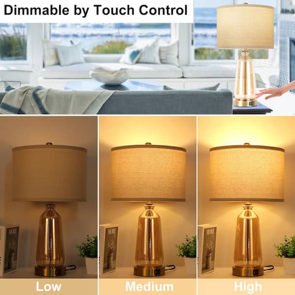 Myfoi 23 in. Golden Touch Control Glass Table Lamp (Set of 2) with USB Ports 3-Way Dimmable Nightstand Lamps(Include 2 Bulbs)