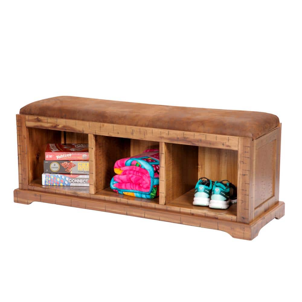 Distressed Toffee Brown Acacia Hall Bench with Storage and Microfiber Seat