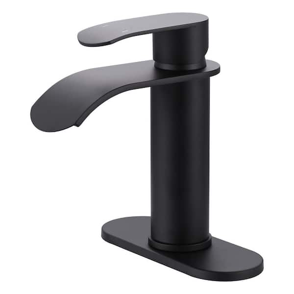 WOWOW Waterfall Single Handle Single Hole Bathroom Faucet with Deckplate and Pop Up Drain in Black