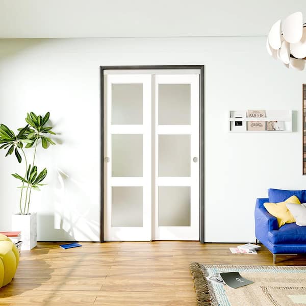 48 in. x 80 in. (Double 24 in.), White, MDF Wood, 3-Lites, Frosted Glass Panel Interior Door Slab with Bypass Hardware