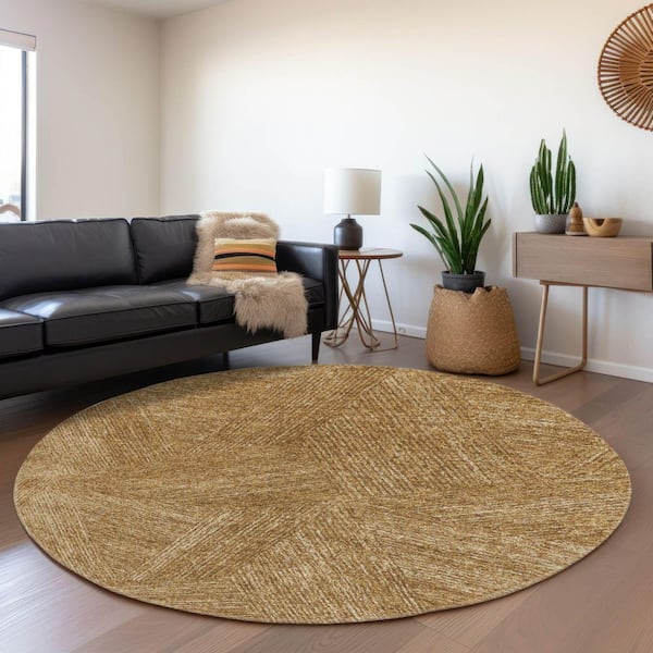 Mayfield Premium Machine Washable Abstract AMF991 Gold 8 ft. x 8 ft. Round Rug