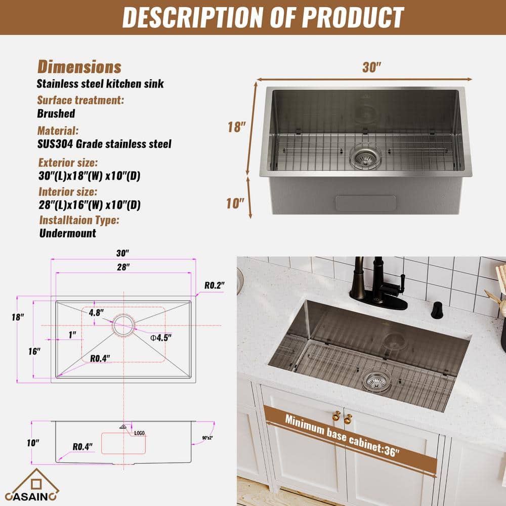 30" Stainless Steel Farmhouse Single Bowl Undermount Kitchen Sink