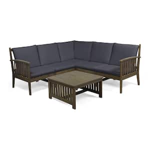 Carolina Grey 6-Piece Acacia Wood Patio Conversation Sectional Seating Set with Dark Grey Cushions
