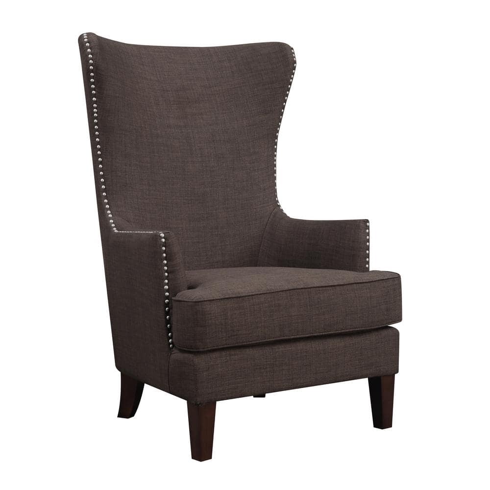 Elegant Long Back Chocolate Brown Accent Chair with Studded Trim