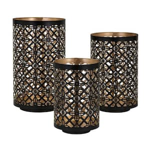 Black and Gold Metal Lantern Candle Holders with Moroccan Lattice Design and Metal Frames