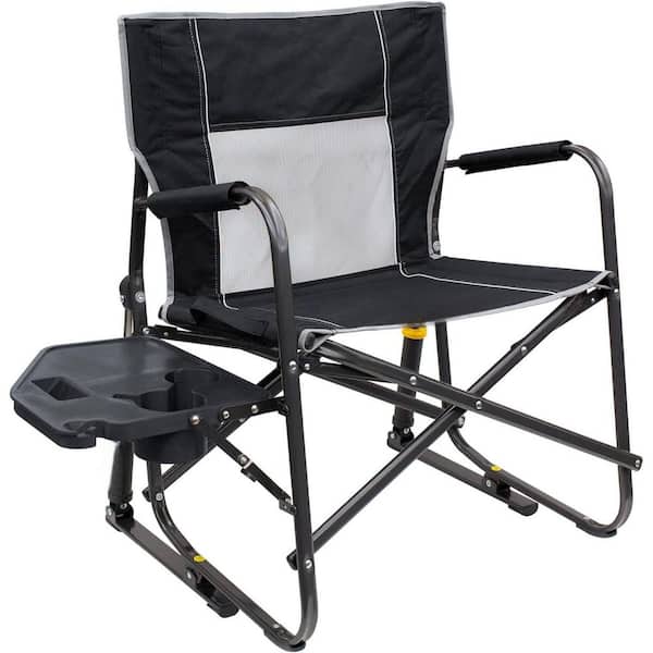 Metal Outdoor Rocking Chair Side Table Camping Chair : Portable Folding Rocking Chair with Solid Durable Armrests-Black