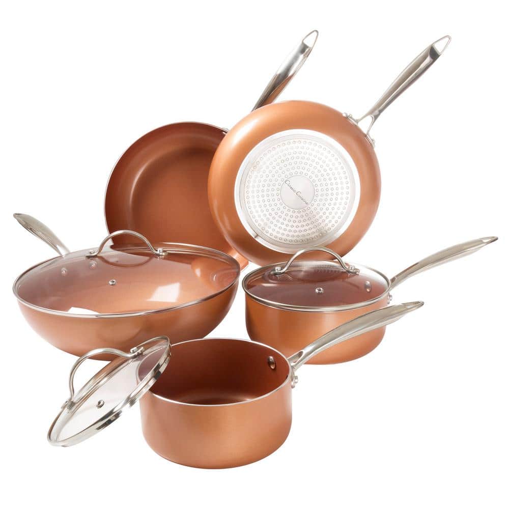 Mueller UltraClad Copper Pots and Pans Set, 14-Piece Kitchen Cookware Set,  Non-Stick Coating, Aluminum Body, Includes Fry Pans, Deep Frying Pan, Sauce
