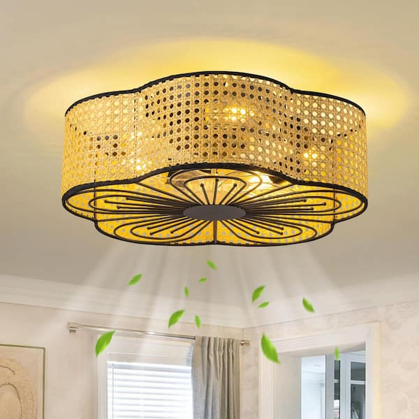 20 in. Indoor Black Boho Caged Ceiling Fan with Lights and Remote Low Profile Flush Mount Ceiling Fan 7 Clear Blades